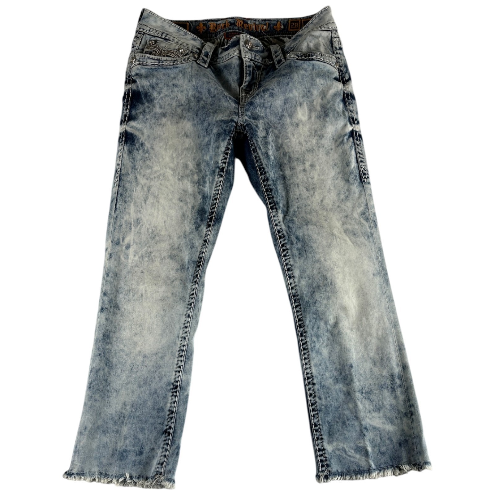 Rock Revival Crop Jeans Womens 28 Blue Cotton Acid Wash Flap Pockets Raw Hem